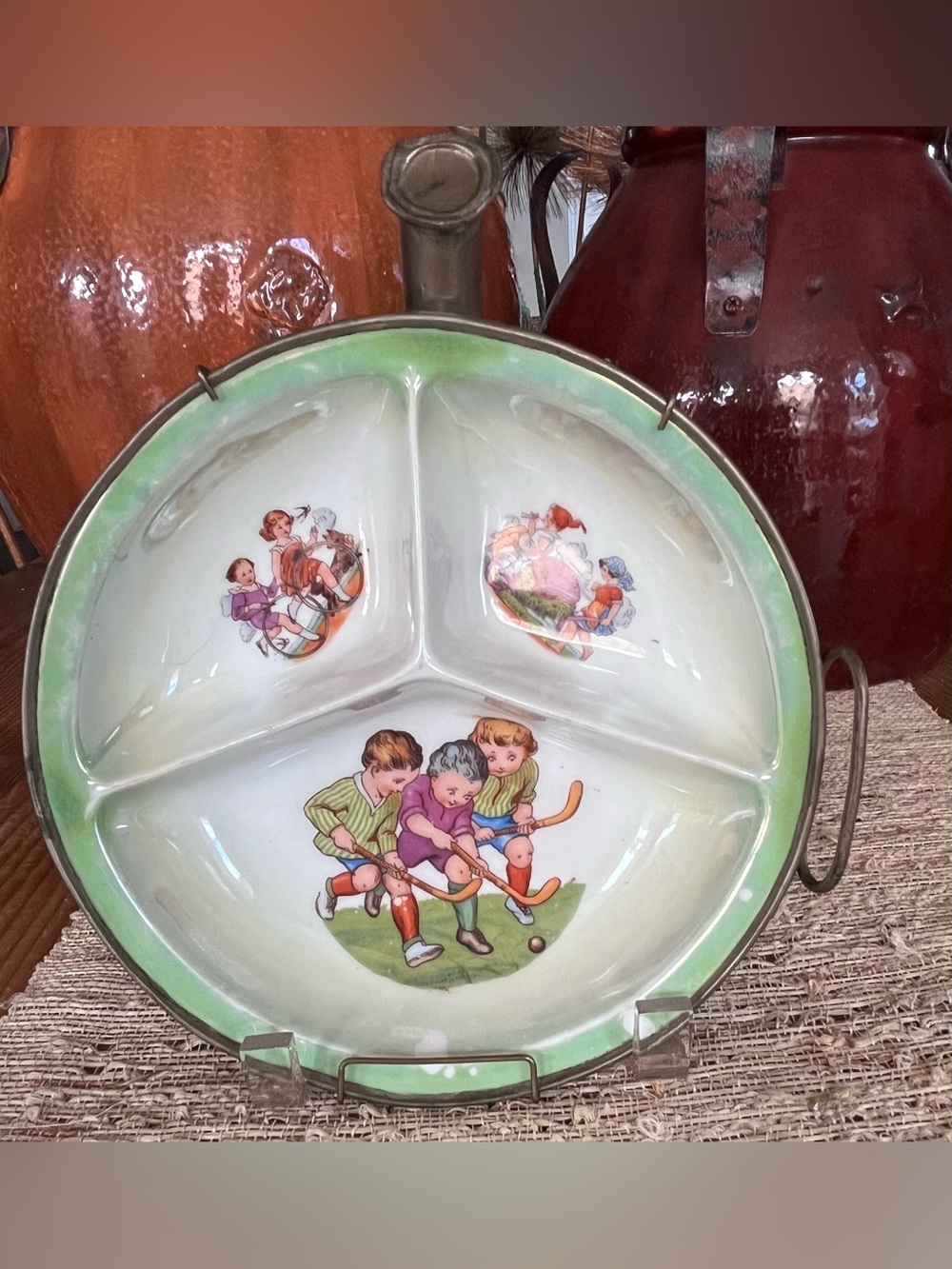 Vintage Divided Children Dish with Children Illustration & Antique Warmer Wall H